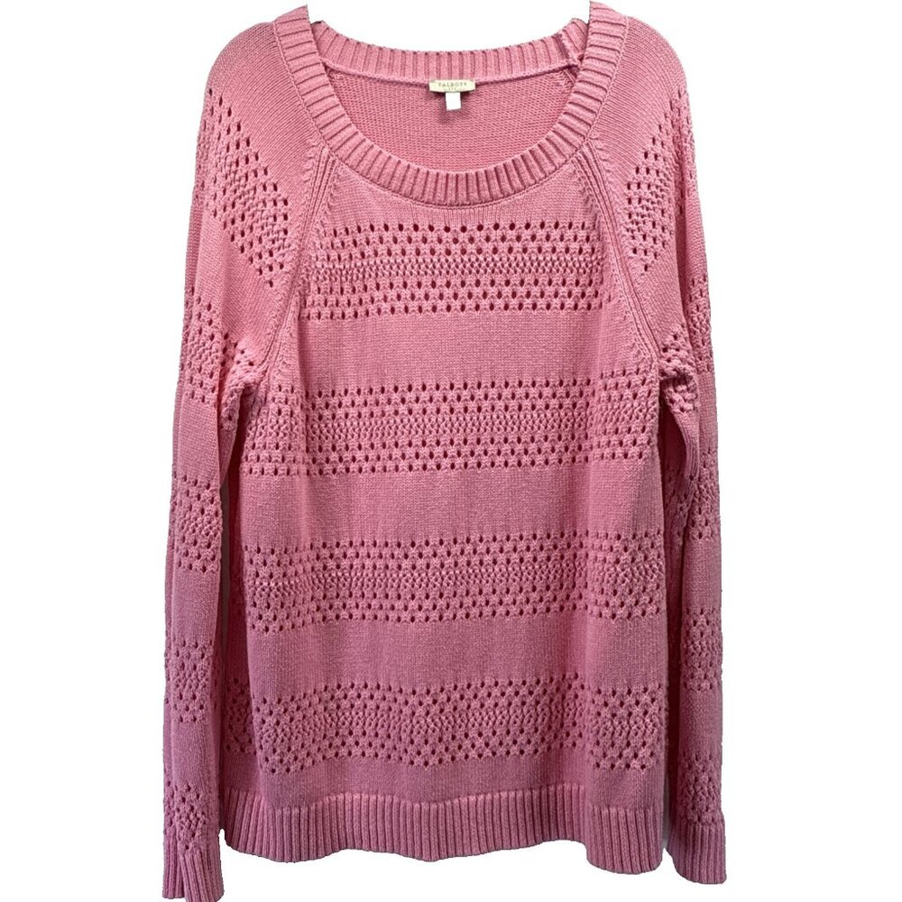 Talbots Women's Sweater 1X Pink Barbie Long Sleeve Tunic Open Knit Long Sleeve